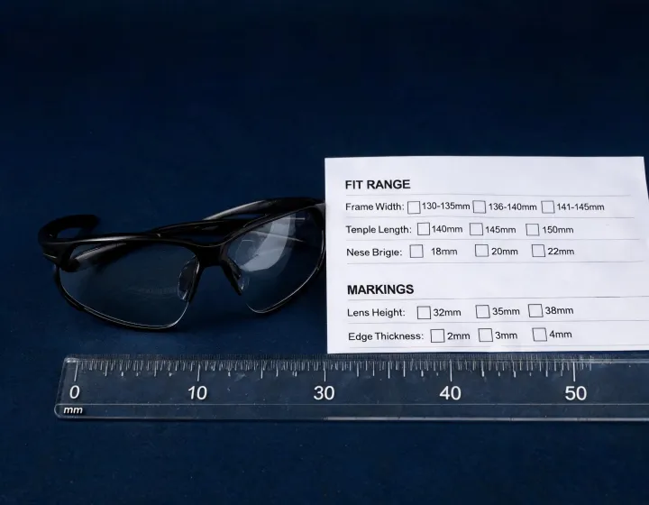 Prescription motorcycle glasses for women with fit and marking checklist